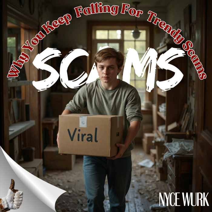 A teen holding a package labeled “Viral” in a cluttered room, symbolizing trendy scams and impulsive online purchases.