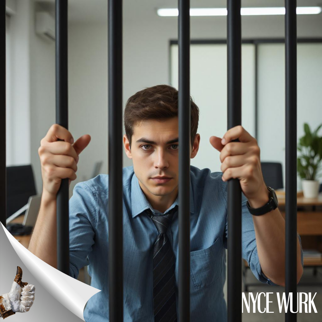 Frustrated office worker behind bars in a modern office, symbolizing feeling stuck in a job or career burnout.