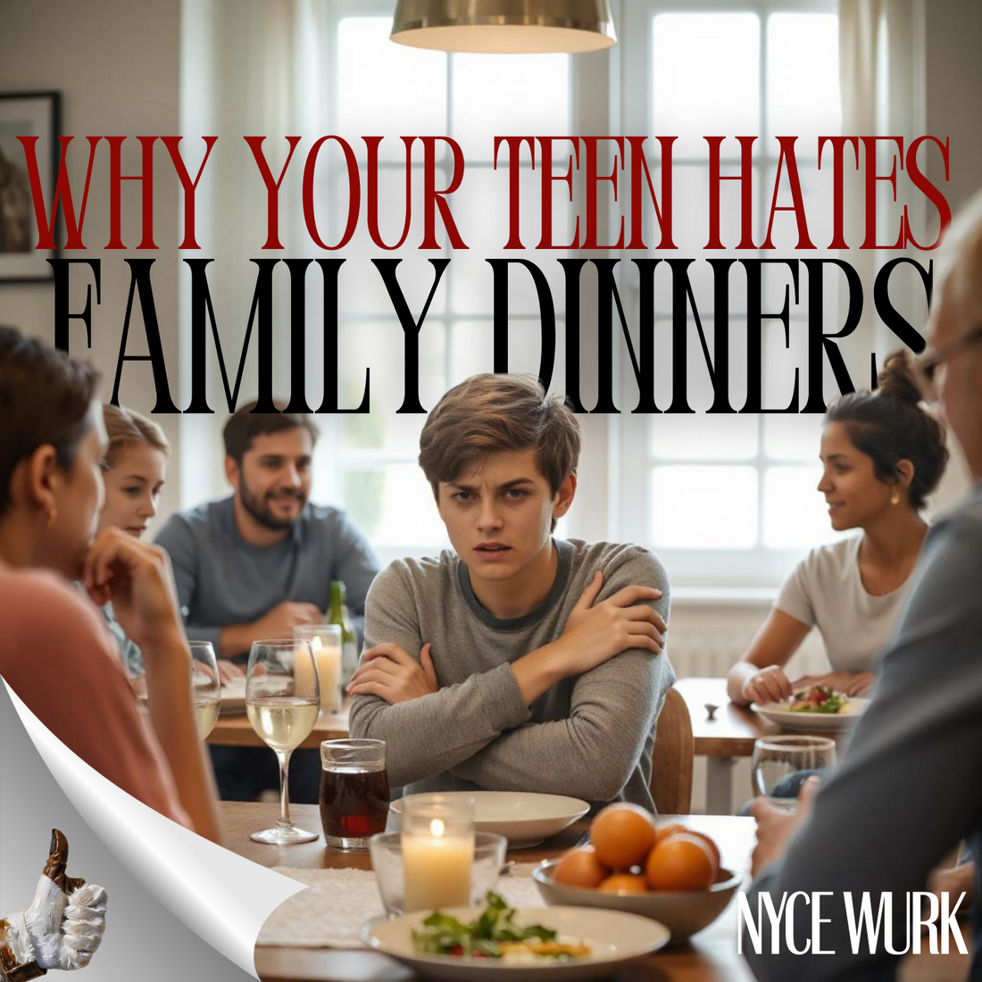 a teenage boy uncomfortable at the dinner table with family members