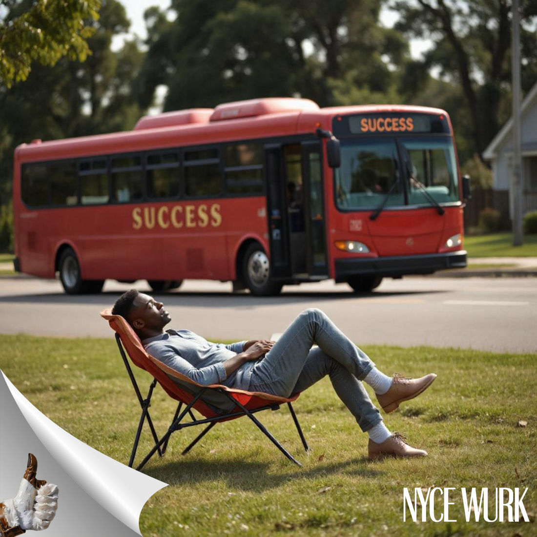 a man sitting in a lawn chair while a bus with the word success passes  by