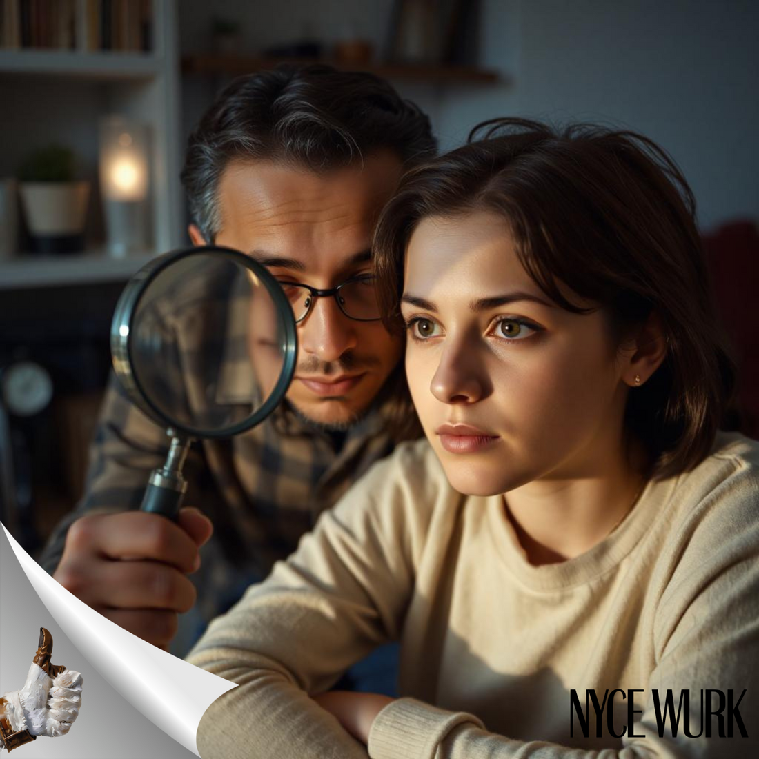 a parent looking over their teenage child with a magnifying glass